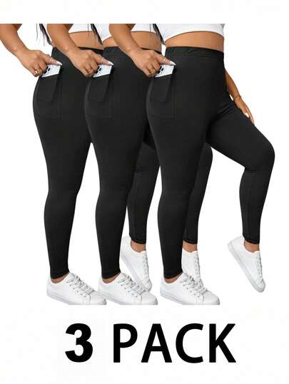 SHEIN Essnce Plus-Size Women's Autumn/Winter Fashionable Casual High-Elasticity Comfortable Everyday Basic Versatile Slimming Black Legging (3-Pack With Pockets),Women Bottom,Fall Outfits,Simple Style,Curve Pants