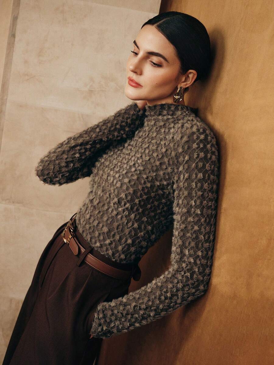Elegant Flocked Lace Turtleneck Undershirt For Women, High-Quality Autumn/Winter Layering Top - Coffee Brown - View 1