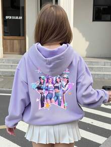 Tween Girl Cozy Fall & Winter Styles Casual Fashion Creative Personalized Refreshing Minimalist Cool Virtual Girl Group Colorful Pentagram Logo Letter Graphic Print Comfortable Sweatshirt, Suitable For Autumn/Winter - Purple - View 3