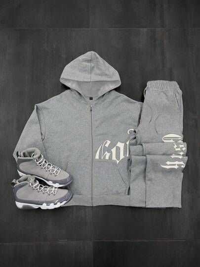 Manfinity Dauomo Men's Casual Letter Embroidered Zip-Up Hoodie And Pants Set, Autumn