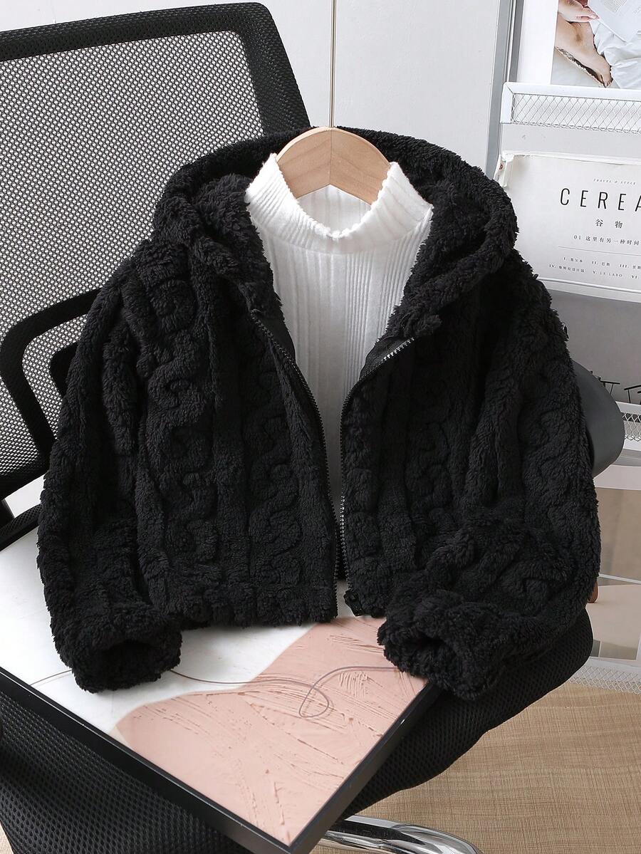 Elladie kids Young Girl' Casual Apricot Fluffy Short Jacket, Zipper Front, Heart Pattern Fleece Cute Hooded Cardigan For Autumn/Winter