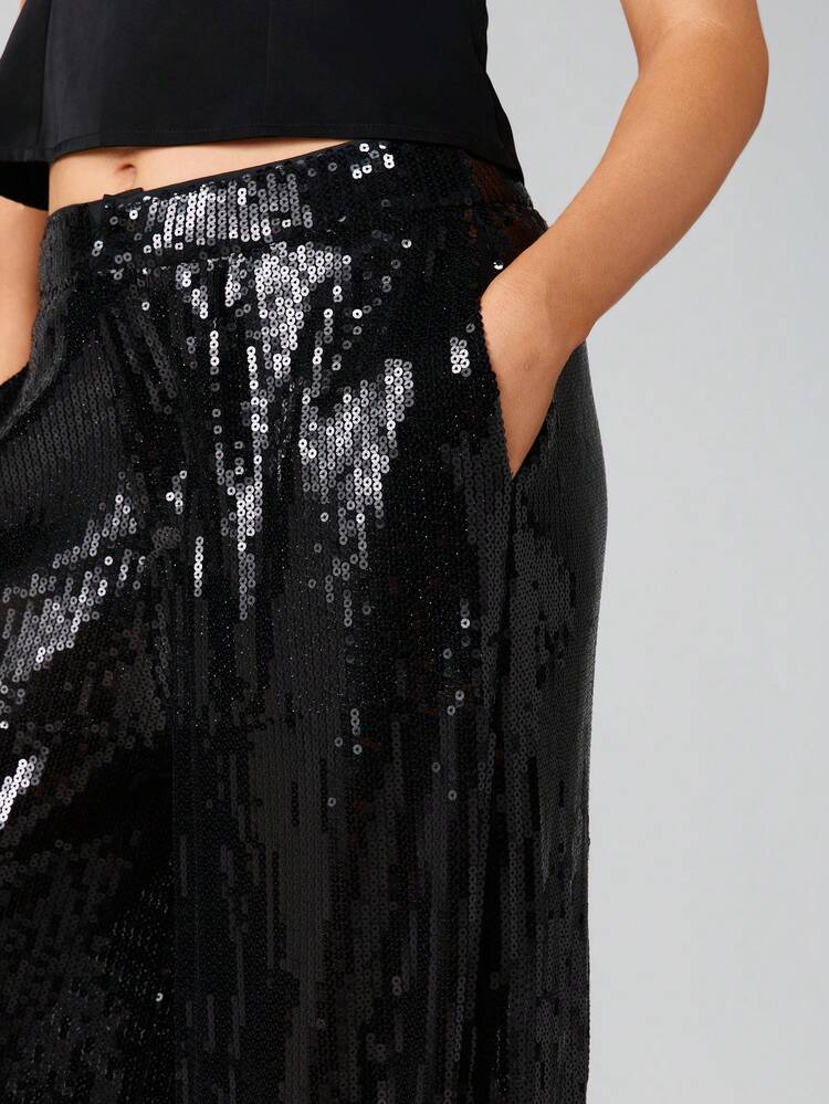MISSGUIDED Sequin Wide Leg Palazzo Pants High Rise Evening Party Trousers For Holiday Occasions