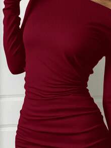 SHEIN EZwear Vestido de manga larga burdeos de estilo minimalista casual para mujer - Burdeos - Ver 4