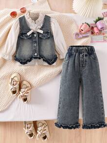 SHEIN 3 Stücke Baby Mädchen Süßer Stil Outfit, beinhaltet: Gerüschter Kragen Langarm Strickshirt in Apricot, Gerüschter Kragen Jeansweste in Vintage Mittelblau, Gerüschter Saum Loose Fit Jeans in Vintage Mittelblau. Bequemer und weicher Stoff, modischer Alltags-Look
