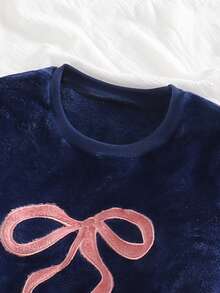 Tween Mädchen Pyjama Set, Flanell Schleife & Herz Muster Nachtwäsche, bestickte Schleife Rundhals Langarm Top kombiniert mit Hose mit durchgehendem Schleifen Muster, weich & gemütlich, wolkengleicher Komfort, perfekt für Weihnachten, Valentinstag, Geburtstag, Geschenke für beste Freundinnen - marineblau - Übersicht 3