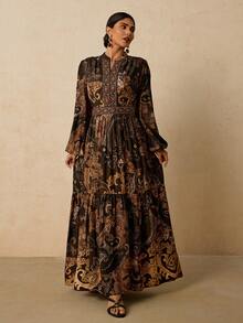 Travachic 秋冬大码复古波西米亚风印花长袖女式连衣裙 - 黑色 - 查看 3