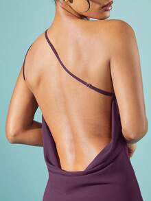 Hauture Solid Chiffon One Shoulder Draped Open Back Mini Dress - Red Violet - View 4