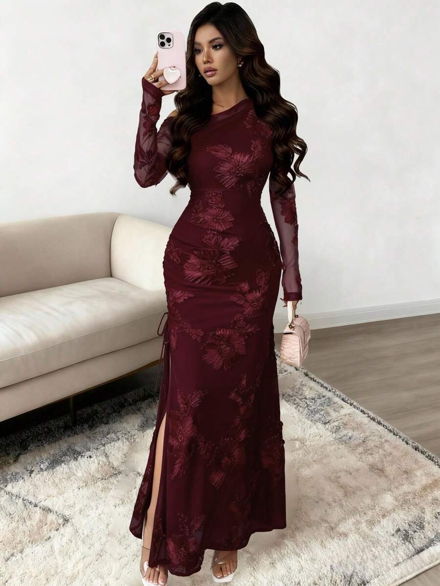 Rafferiza 女士提花网纱不对称开衩连衣裙 - 酒紅色 - 查看 1