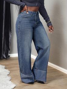 SHEIN Tall 女式纯色休闲牛仔裤 - 深色水洗藍 - 查看 5