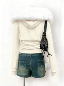 EgrlEra Women's Black Patchwork Faux Fur Hooded Sweatshirt - Beige - View 2