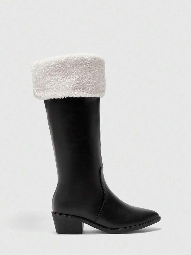 CUCCOO BIZCHIC Women's Faux Leather Pointed Toe Chunky Heel Mid-Calf Boots, Fuzzy Trim Design, Fashion Versatile Black Boots For Daily, Commute, Shopping, Afternoon Tea, Christmas, Halloween