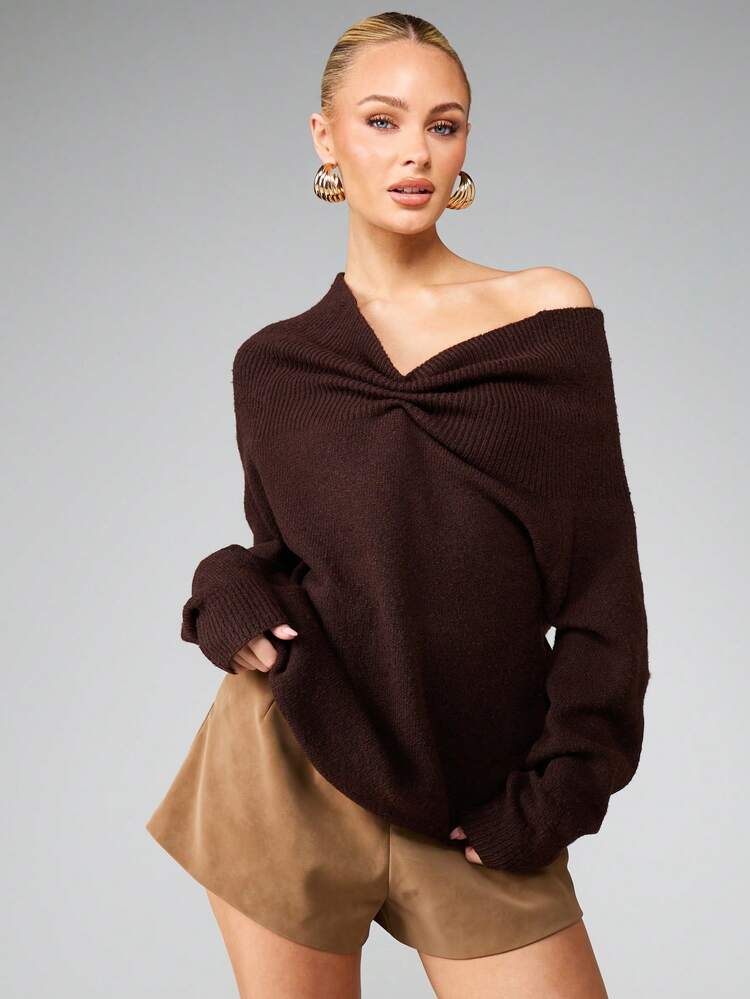 MISSGUIDED Off Shoulder Cable Knit Sweater With Twist Front Detail For Fall Winter