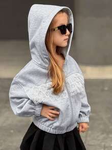 DAZY Stickad huvtröja för ung flicka med kontrasterande spets, termiskt foder, höstkläder - Grå - Visa 2