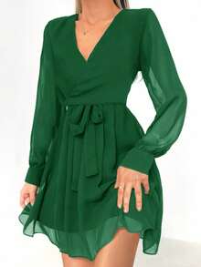 EURMUSE Women's Solid Color V-Neck Long Sleeve Waist Tie Casual Dress - Dark Green - View 4