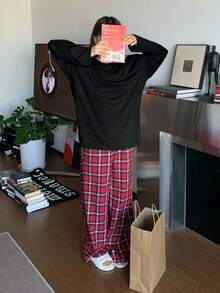 DAZY Teens/Youth Girls Casual Loose Plaid Pajamas/Loungewear, Autumn - Black - View 3