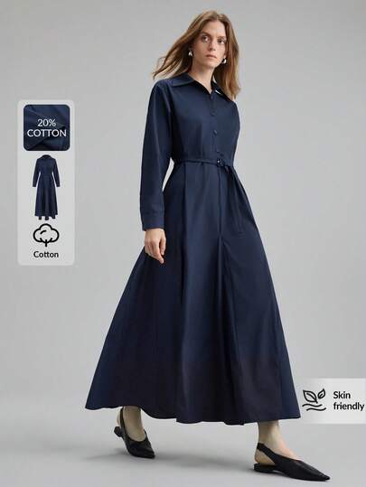 Ontre 2026SS Women's Long Dress, Blue Women's Waist-Cinched Loose Fit Long Sleeve Button-Up Spring/Summer Office Long Shirt Dress, Valentine's Day Outfit, Minimalist Elegant Urban Chic Waist-Cinched Long Sleeve Women's Office Attire, A-Line, Vacation Party Versatile Women's Long Dress