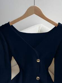 Franclia New Elegant V-Neck Design Solid Color Pullover Sweater For Women, Versatile For Autumn - Navy Blue - View 4