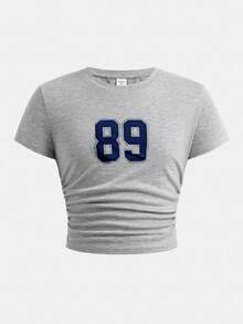 Girlism 2 件套青少年女童字母印花 T 恤和裤子，休闲日常时尚装扮，青少年两件套裤子套装，女童罗纹套装，女童裤子和上衣，喇叭裤套装，儿童女童阔腿裤套装 - 淺灰色 - 查看 7