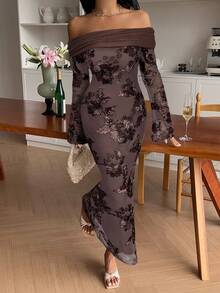Serisse Women's Elegant Floral Embroidery Off-Shoulder Mid-Length Dress, Autumn Winter Brown Long Bodycon Dress Long Sleeve Elegant Dress Spring - Coffee Brown - View 3