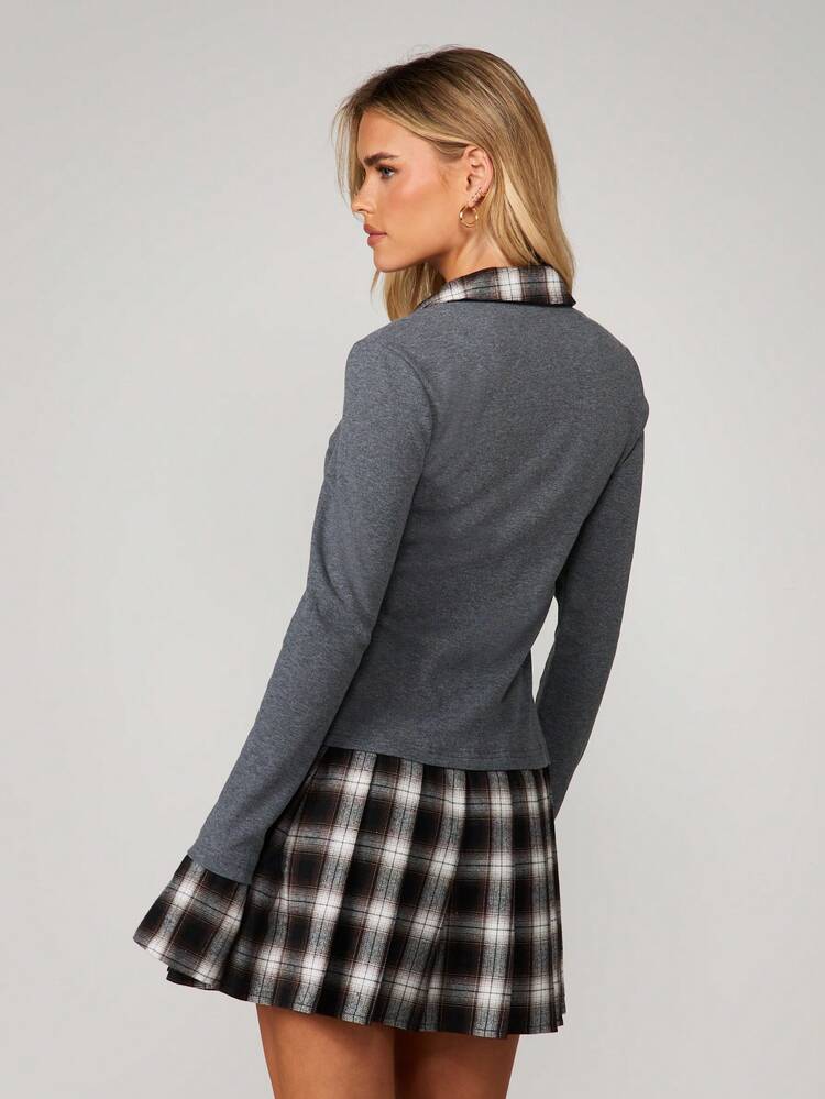MISSGUIDED Robe mini à carreaux superposés avec détail de col, manches longues, style scolaire fille en automne-hiver. Robe trapèze à carreaux