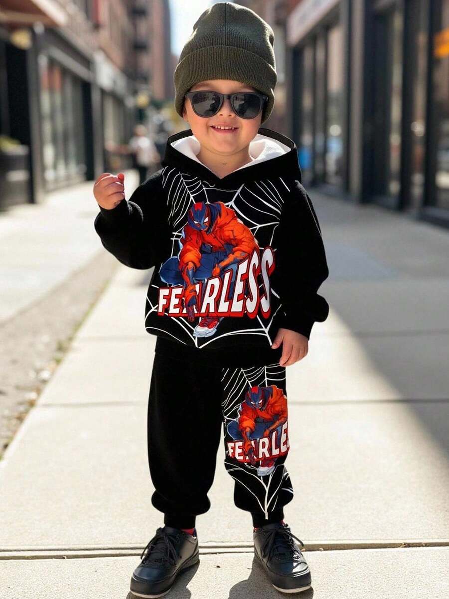 SHEIN Boys Fearless Superhero Hoodie & Sweatpants Set | Comic Graphic Spider Web Outfit | Cool Fall Winter Toddler Streetwear Tween Boys Outfit Sets Pants And Hoodie Rockstar Kids Outfit 2 Piece Teen Boys Hoddie And Sweatpants Boys Sweat Suit With Flames - Multicolor - View 1