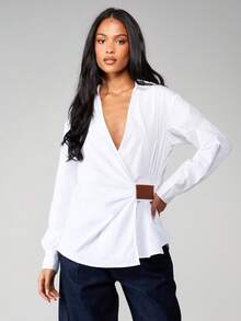MISSGUIDED 圣诞节长袖裹身式衬衫，配腰带，府绸衬衫，适合办公室休闲穿着 - 白色 - 查看 3
