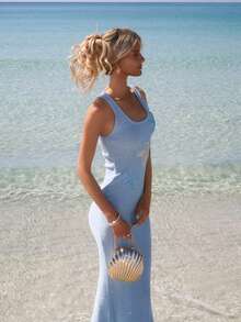 Sydney Algeri Vacation Tight Fit Square Neck Sequin Starfish Long Sleeve Bodycon Dress For Spring/Summer Sexy Dress - Baby Blue - View 5