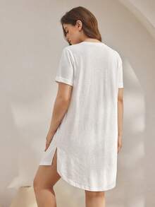 Ocili Soft Cotton Simple T-Shirt Dress, Comfortable Sleepwear, Plus Size - White - View 3