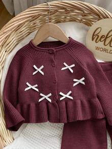 SHEIN Baby Girl Casual Bow Decor Ruffle Hem Sweater And Pants Set, Autumn/Winter - Burgundy - View 4