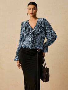 Travachic Plus Size Women Chiffon Floral Print Long Sleeve Blouse, Leopard Print Ruffle Hem Shirt - Blue - View 6
