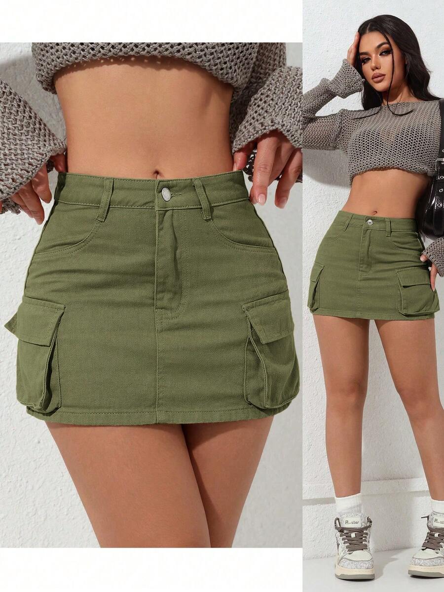 SHEIN PETITE 女士实用口袋休闲修身牛仔迷你裙 - 綠色 - 查看 1