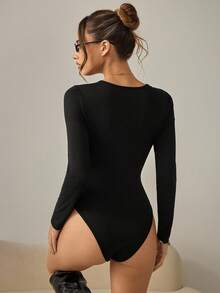 HautHeat Women's Contrast Lace V-Neck Long Sleeve Jumpsuit Loungewear - Black - View 2