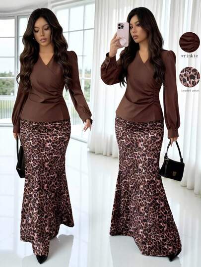 SHEIN Raffinéa Elenzga 女士休闲法式复古优雅褶裥衬衫和豹纹鱼尾裙两件套