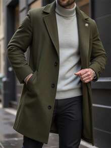 Calvornis 男士纯色口袋纽扣前长袖大衣，秋季服装 - 綠色 - 查看 1