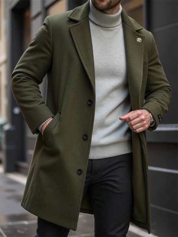 Manfinity Bizformal Abrigo largo de manga larga con bolsillo y botones delanteros de unicolor para hombres, ropa de otoño