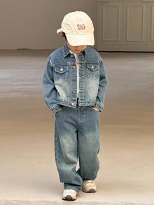 SHEIN 两件套男童蓝色牛仔翻领长袖短外套和宽松长裤套装