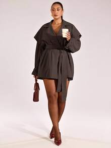 SHEIN BAE 大码女式休闲翻领系带风衣 - 咖啡棕 - 查看 5