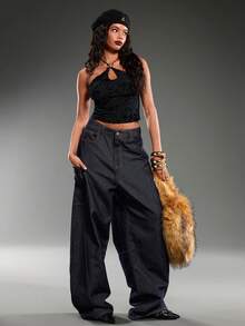 Normani Áo cánh in nhung đen gợi cảm có khóa kim loại trang trí cho nữ - màu đen - Xem 3