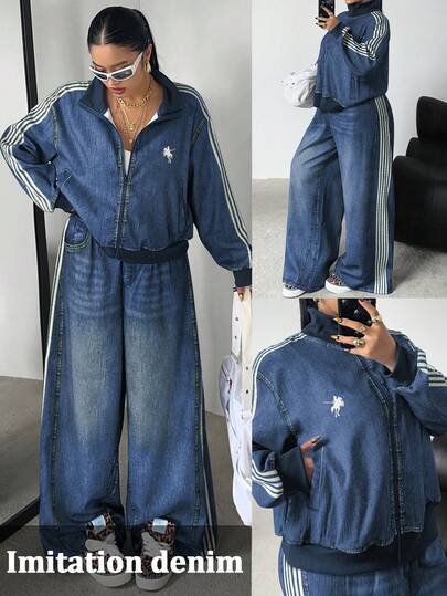 Vibekara Plus Size Autumn/Winter Faux Denim Print Long Sleeve Zip-Up Jacket + Straight Leg Loose Faux Denim Print Pants, Elegant Retro Casual Resort Sports College 2-Piece Set