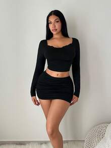 SHEIN SXY 蕾丝领拼接性感可爱黑色长袖T恤 - 黑色 - 查看 3