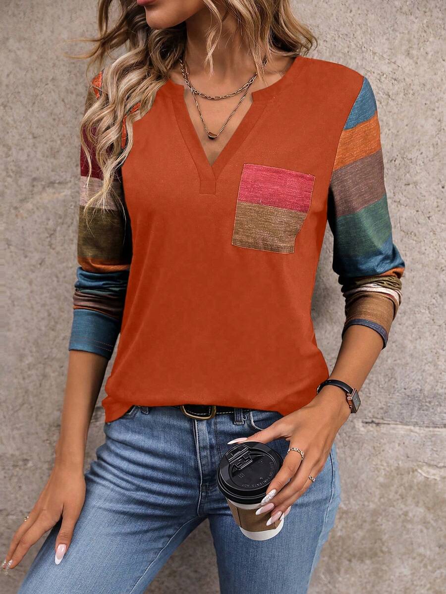 EMERY ROSE Colorblock Patched Pocket Notched Neck Tee Graphic Tees Women Tops - Multicolor - View 1