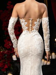 Glamrae 优雅奢华的刺绣蕾丝贴花美人鱼礼服，配有可拆卸露肩袖和拖尾裙摆，适合婚礼、活动、单身派对、蜜月旅行、舞会等场合。 - 米色 - 查看 7