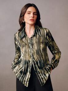 Anewsta Asymmetric Zebra Striped Metallic Chiffon Water Print Collared Long Sleeve Blouse - Multicolor - View 1