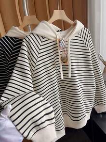 Franclia 女士条纹连帽休闲宽松卫衣 条纹卫衣 条纹长袖衬衫 可爱休闲上衣 条纹卫衣