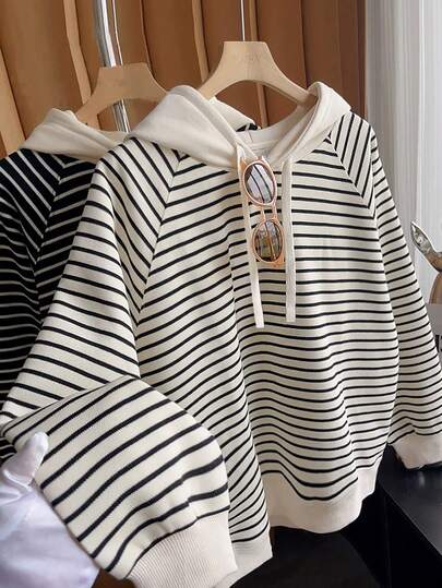 Franclia 女士条纹连帽休闲宽松卫衣 条纹卫衣 条纹长袖衬衫 可爱休闲上衣 条纹卫衣