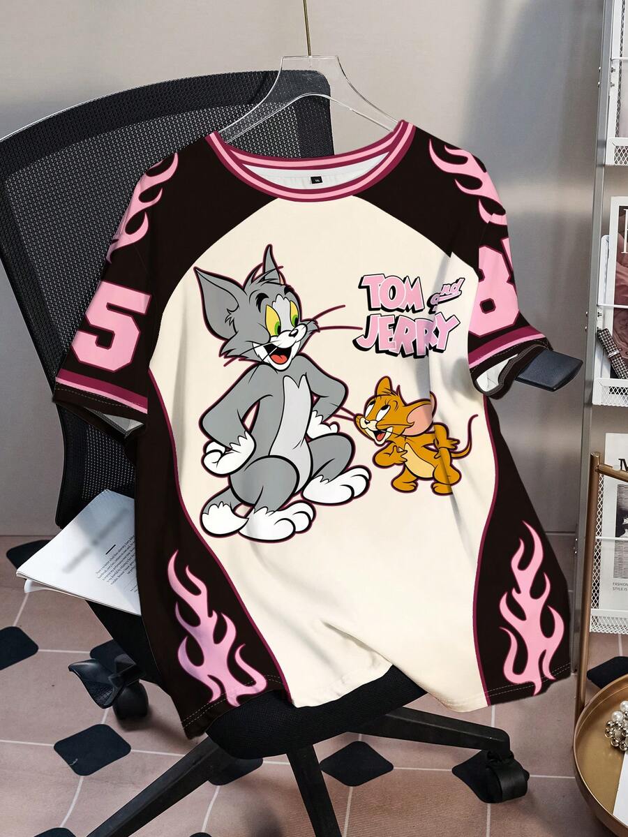 TOM & JERRY X SHEIN 大码休闲拼色字母和卡通图案圆领短袖T恤，夏季 - 白色 - 查看 1