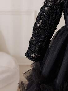 Glamorique Kids 女婴长袖网纱刺绣连衣裙，香槟色，生日派对花童礼服，女婴洗礼服 - 黑色 - 查看 7