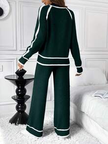 SHEIN LUNE 2件套女士休闲宽松撞色毛衣套装 - 墨綠色 - 查看 2