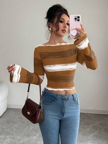 Elenzga Elegante Suéter Ajustado com Mangas Flare Ombré, Outono/Inverno - Café - Visão 5