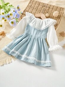 SHEIN 2 Stücke Baby Mädchen Mode Besticktes Süßes Mädchen Langarm Hemd & Jeans Kleid Set